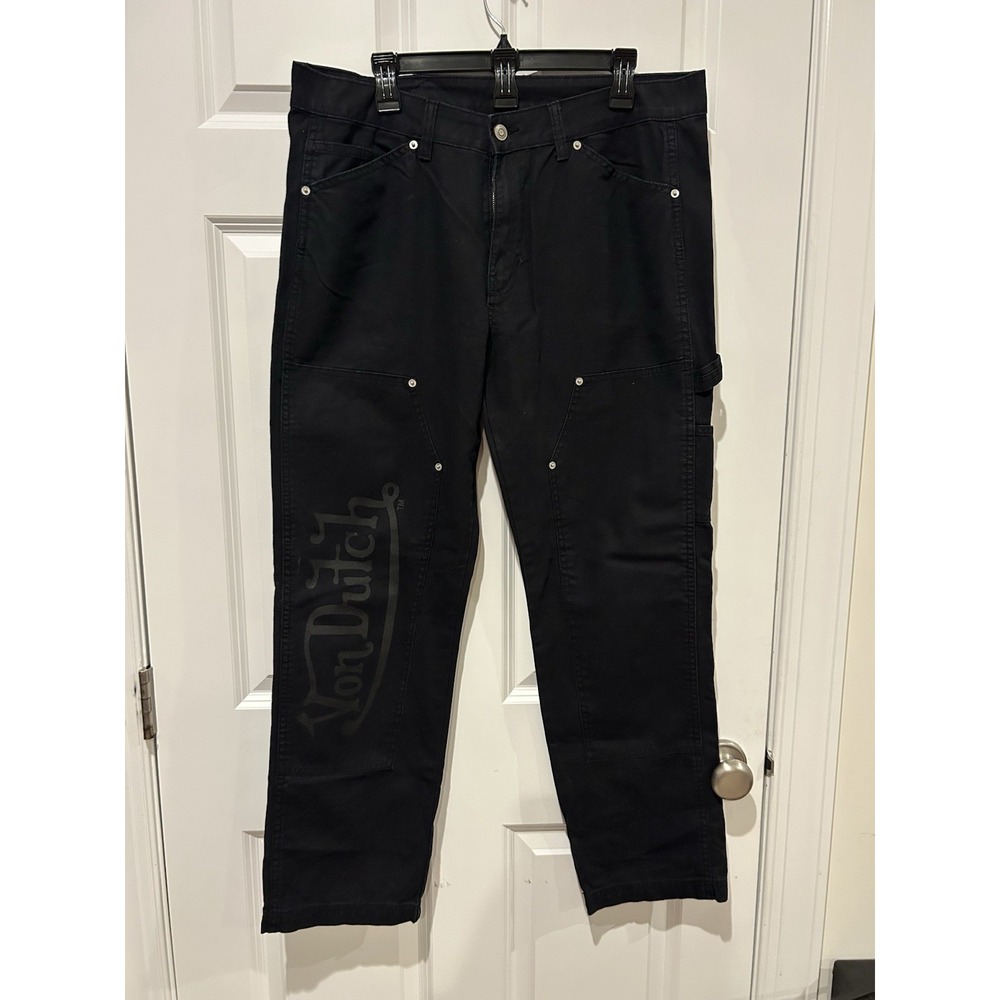 Von Dutch Double Knee Carpenter Pants Mens 34x30 Black Straight Leg Logo Canvas